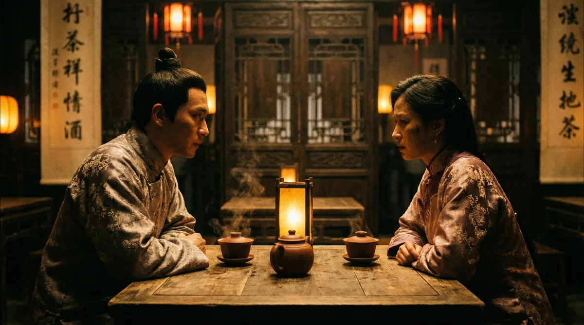 草莓视频古装剧情片拍摄剧照-茶馆对话场景