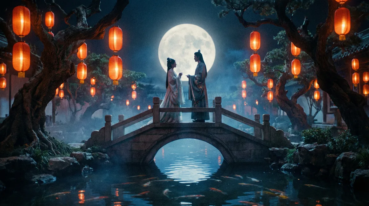 草莓视频古典爱情片拍摄剧照-月下花园场景